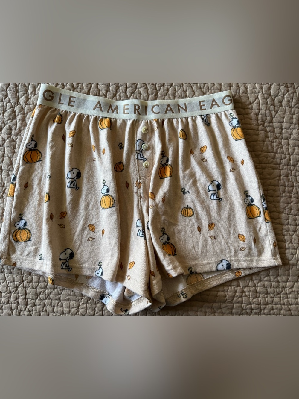 AE Luxe American Eagle Outfitters Beige Snoopy Pumpkin Pajama Shorts